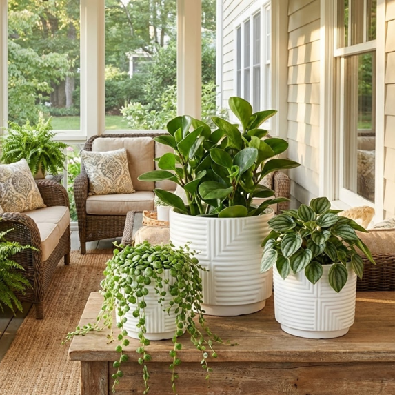 Set of 3 White Textured Stoneware Planters, Modern Round Flower Pots with Geometric Design
