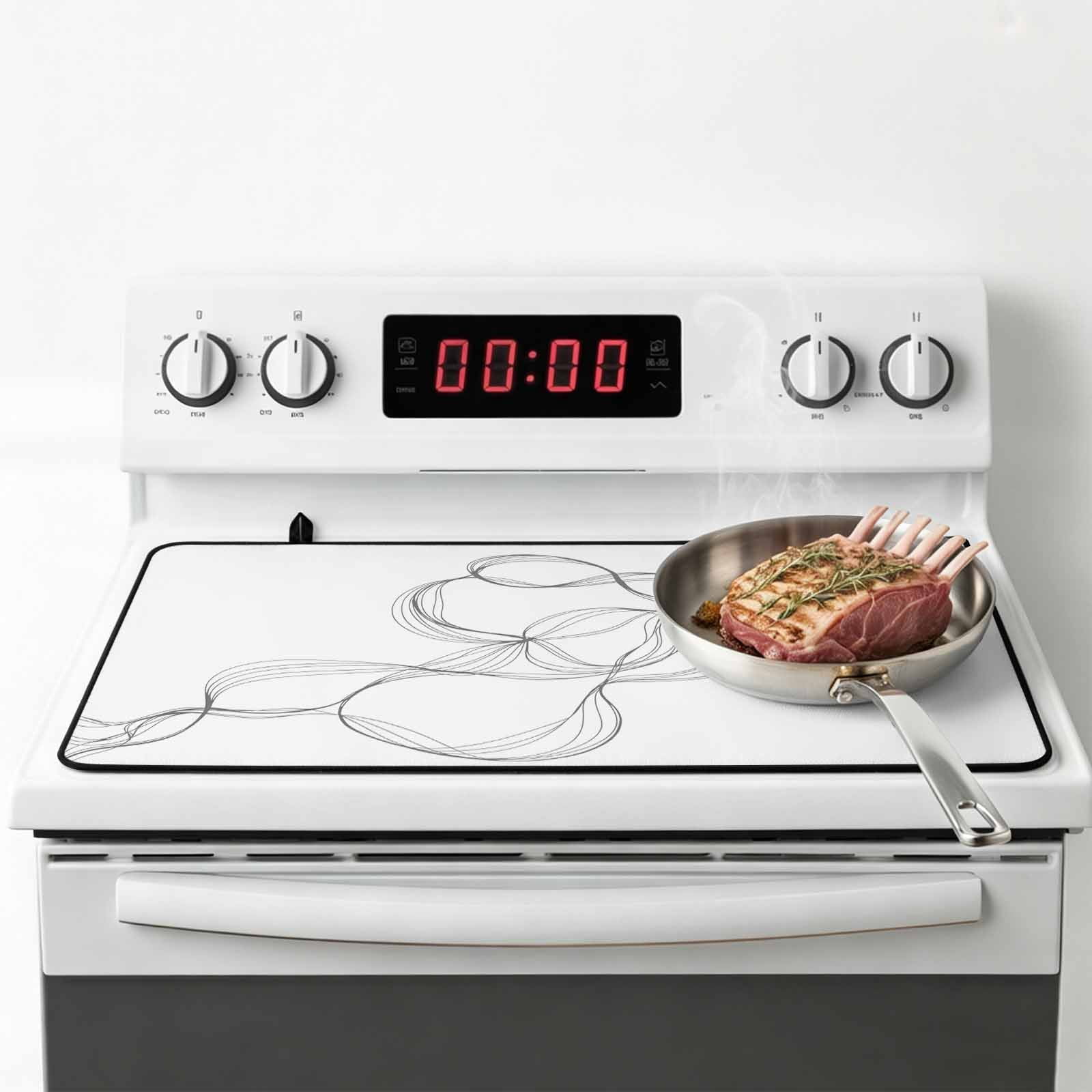 Modern White Stove Top Cover for Electric Stove, Heat-proof & Non Slip Glass Top Stove Cover Protector, Minimalist Abstract Ribbon A Sketch Rt Kitchen Flat Cooktop Rubber Mat 24x21 Inches