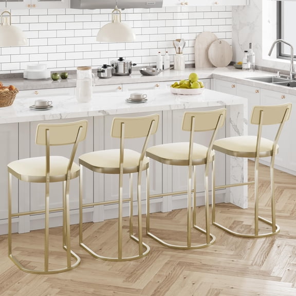 Modern White Suede Bar Stools Set of 4 High Back, Gold Metal Legs, Soft Padded Counter Height Island Chairs for Kitchen and Home Bar, Comfortable Barstools with Metal Frame and Supportive Backs