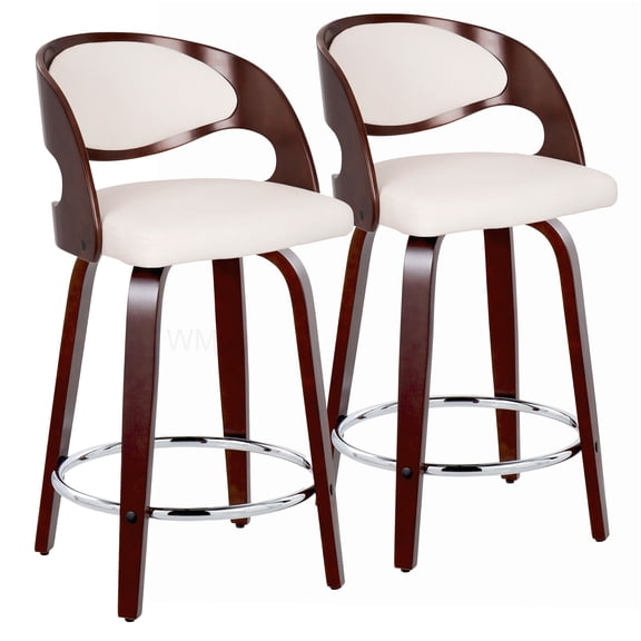 Modern White Swivel Counter Stools, Set of 2 with Faux Leather Seat and Chrome Accents