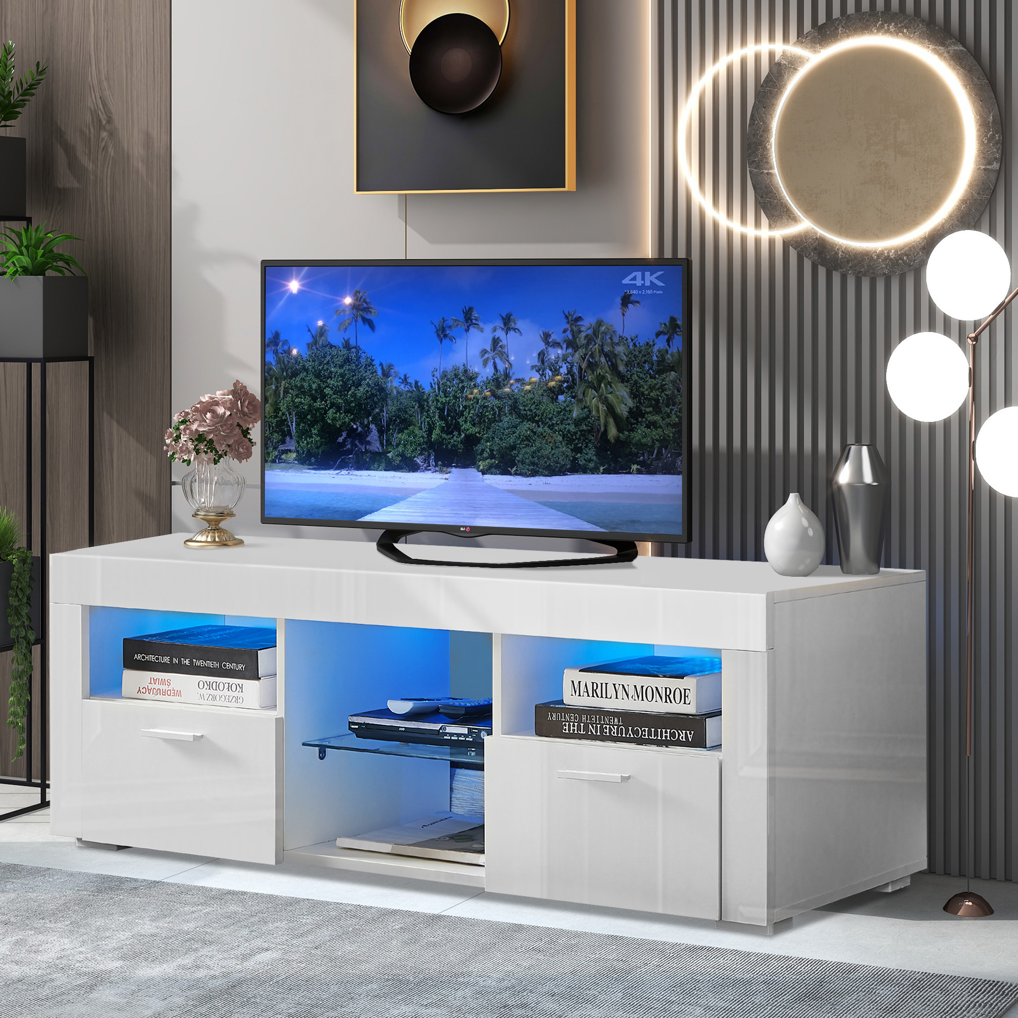 Meuble TV 180 Cm Blanc Brillant Avec Effet Bois Et étagères En Verre - Design Minimaliste - Rangements Pratiques Pour Salon