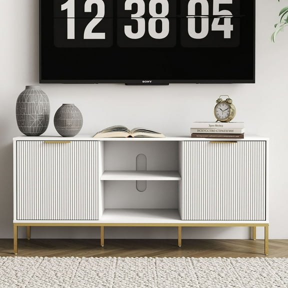 Modern White TV Stand With Wave-Design Doors And Gold Legs - Stylish Furniture For 60-69 Inches TVs