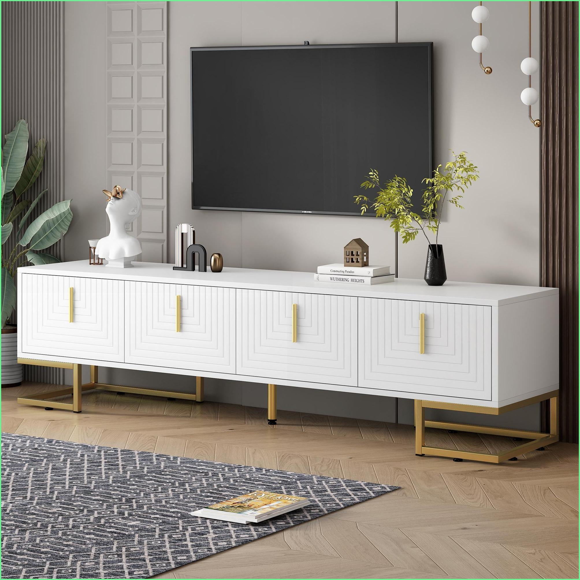 Modern White TV Stand with Gold Legs, Cabinets & Adjustable Shelves for ...