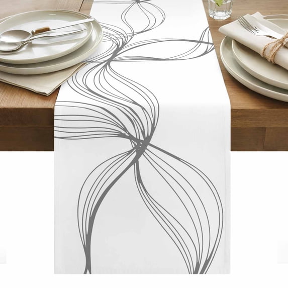 Modern White Table Runner - 36 Inch Long, Kitchen Dining Table Runner Dresser Scarves, Minimalist Abstract Ribbon A Sketch Rt Farmhouse Decor for Coffee Tables Wedding Party Banquet