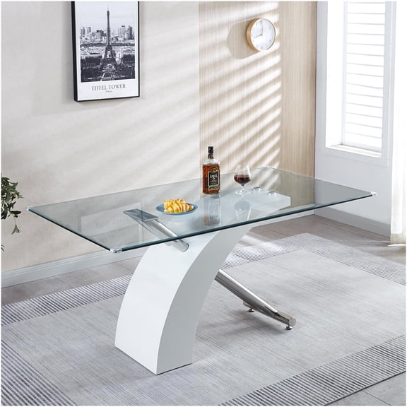 Modern White Tempered Glass Dining Table, Lacquer and Stainless Steel Base, Contemporary Kitchen Table for Elegant Home Decor