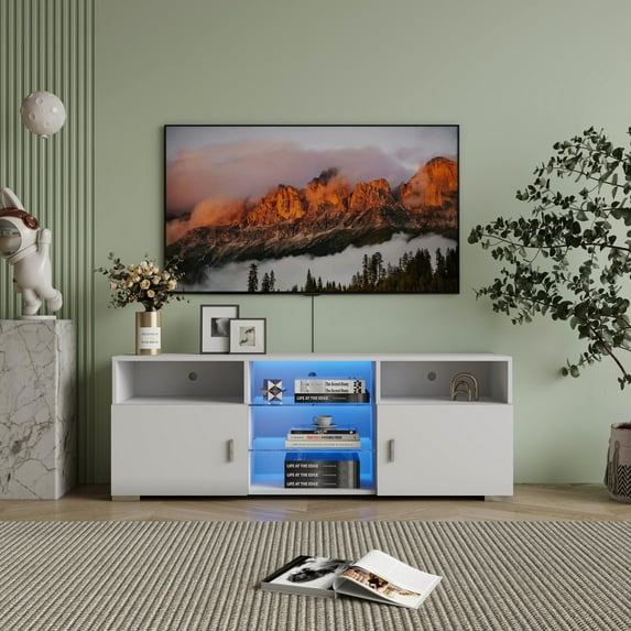 Modern White Tv Stand With Led Lights, Large Storage And Adjustable Shelves For 32-60 Inch Tvs, 3-level Led Lights Structure &