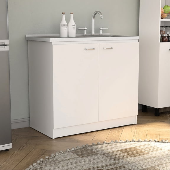 Modern White Utility Sink, Double Door & Shelf / Practical Kitchen Storage Design