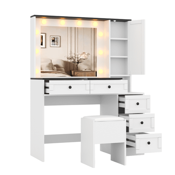 Modern White Vanity Stool Set, Farmhouse Makeup Table and Upholstered Stool with Lighted Mirror, Power Outlets, 6 Drawers, a Door Cabinet, Small Wooden Vanity Desk for Bedroom