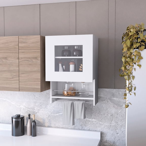 Modern White Wall Cabinet for Kitchen | Glass Door to Reach Items, Spice Rack for Cooking Needs