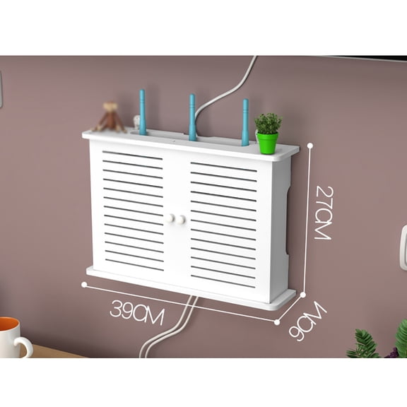 Modern White Wall-Mount Router Storage Box - Punch-Free WiFi Modem Organizer with Shelf - Wooden Wireless Accessory Holder for Living Room & Home Office Décor