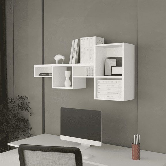Modern White Wall-Mounted Shelf Unit with 5 Shelves - 47.2W x 22H x 9.9D for Living Room, Bedroom, Office