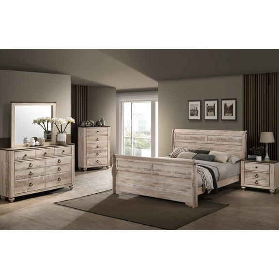 Modern White Wash Bedroom With Queen Bed, Dresser, Mirror, Nightstand, Chest - Rustic Chic Contemporary Design