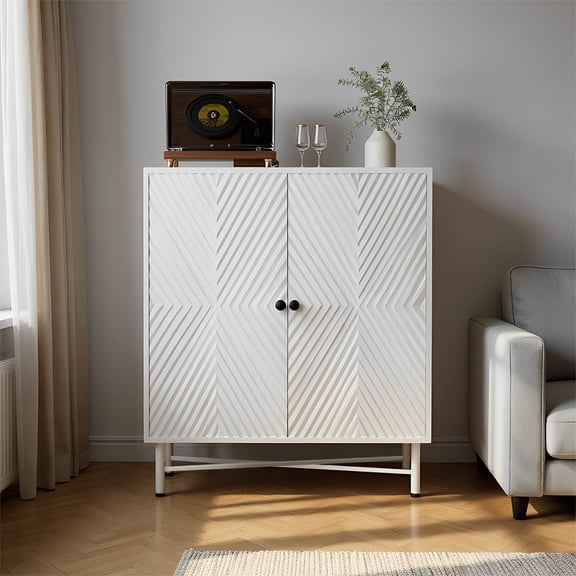 Modern White Wine & Coffee Bar Cabinet, Freestanding Drinks Sideboard with Storage for 14 Bottles, Adjustable Shelf & Glass Holders, for Living Room, Dining Room