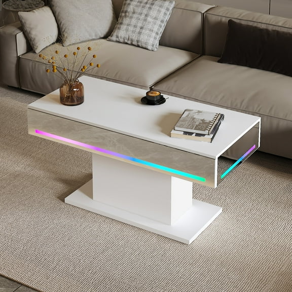 Modern White Wooden LED Coffee Table - 16-Color RGB Lighting Rectangular Center Table for Living Room, Lounge, Dining & Reception Areas