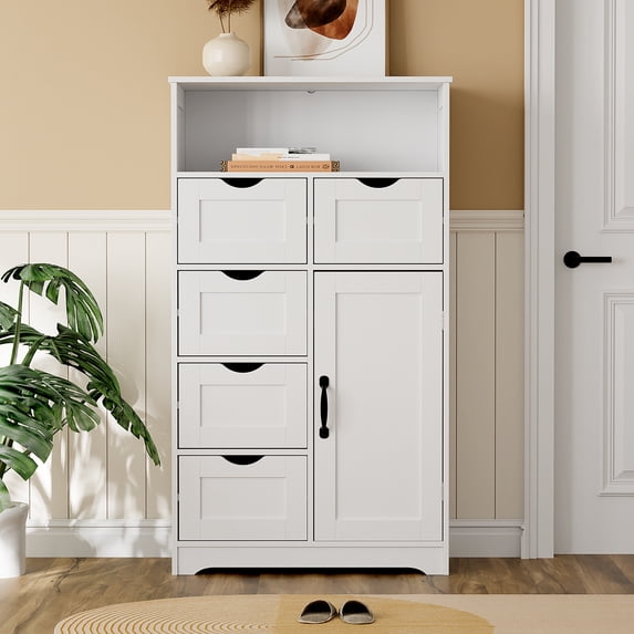 Modern White Wooden Storage Cabinet with Five Drawers and One Doors,Free-standing Cupboard for Kitchen/Living room/Bathroom Use, White