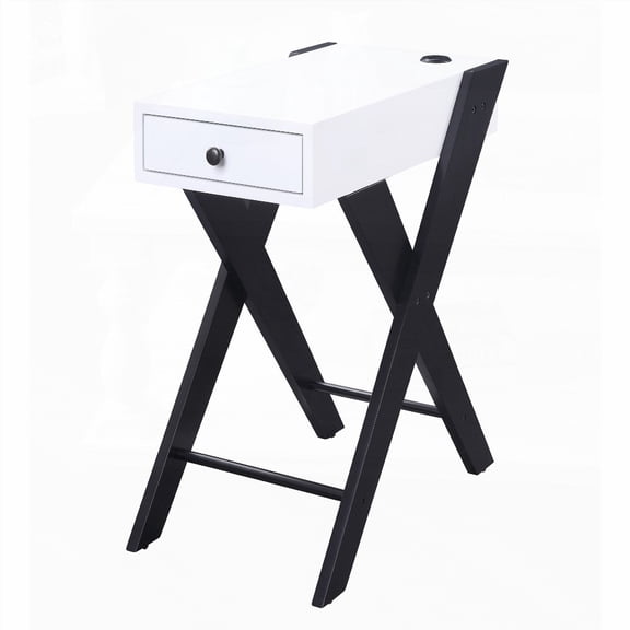 Modern White and Black Side Table with Dual USB Ports and a Functional Drawer