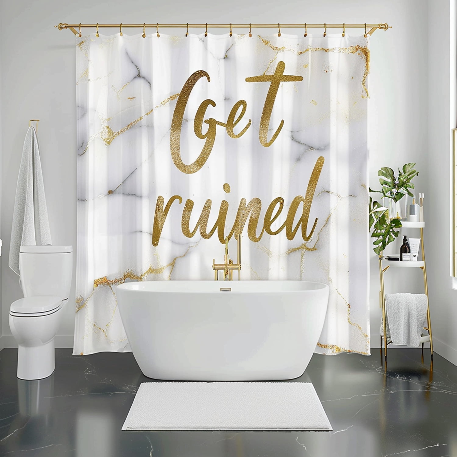 Modern White and Gold Glitter Shower Curtain Set Elegant Bathroom Decor