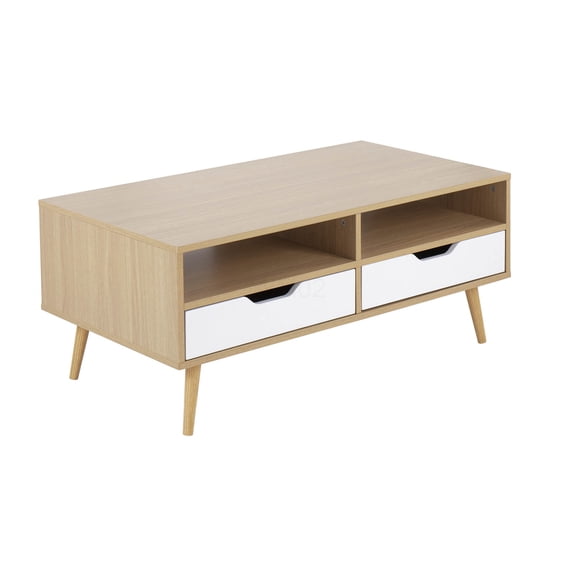 Modern White and Natural Wood Coffee Table with Pull Out Drawers for Living Room Storage