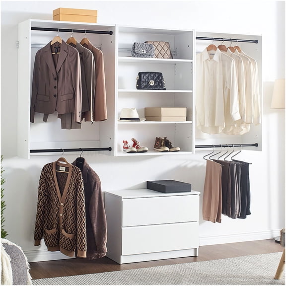 Modern White and Oak Wall Mount Closet Organizer System with 5 Modular Units, Wood Storage Cabinet