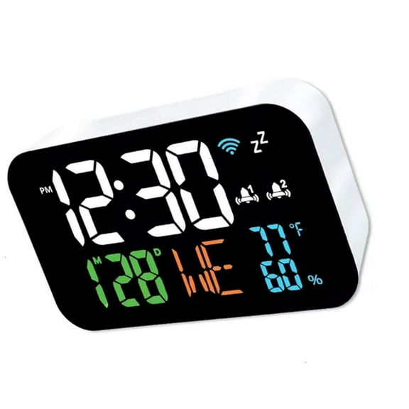 Modern WiFi Desktop Clock Temperature Humidities Monitor Automatic Time Sync Adjustable LED Display Two Alarm Function