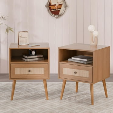 Modern Wicker Rattan Stand Set of 2, Rattan Stand with Drawer and Small Space, Wooden Side Table for Small Spaces, Natural Wood Bedside Table for Bedroom (no Charing Station, 2)