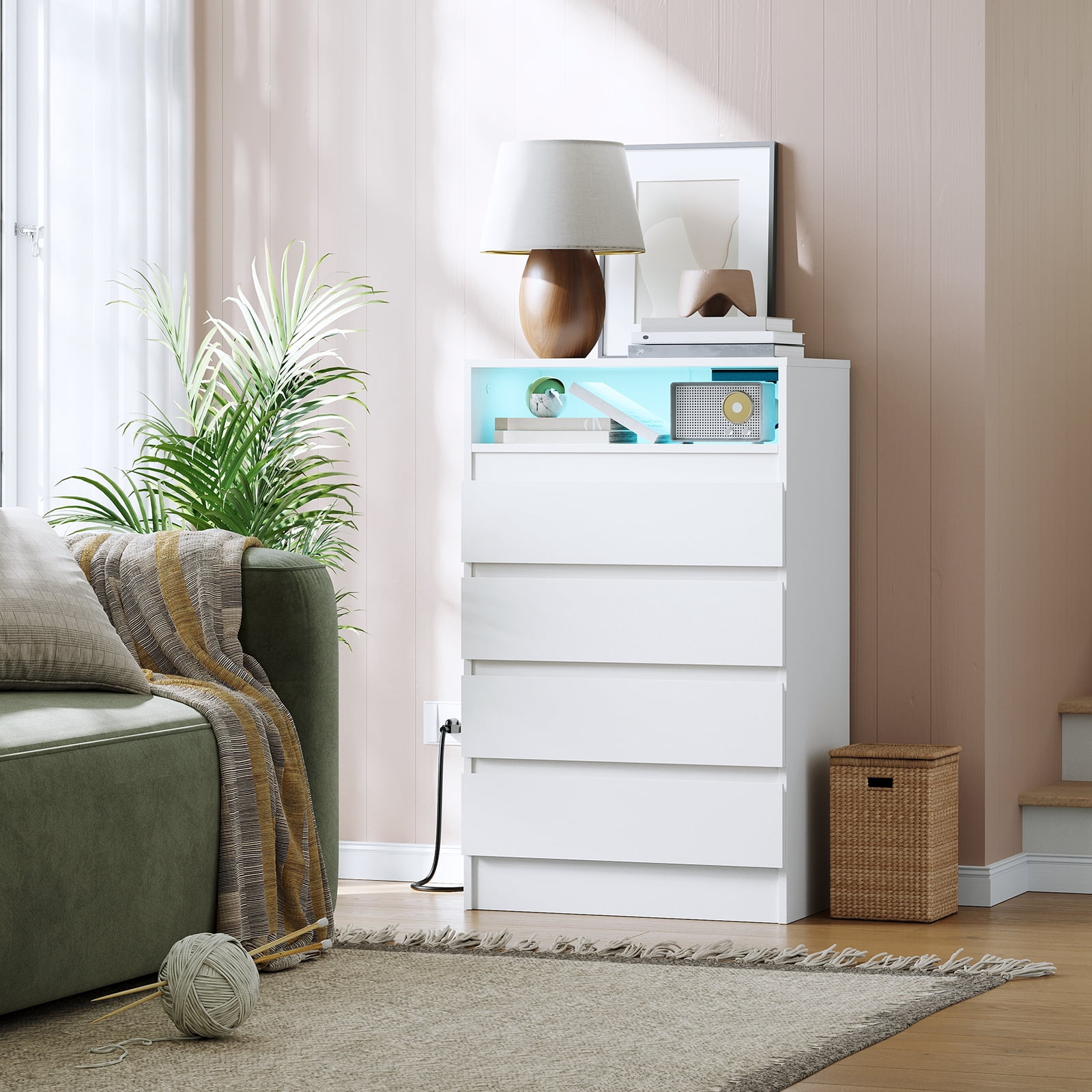 Modern Wide 4 Drawer Dresser with LED Lights & USB Charging Station – Bedroom, Living Room Storage Cabinet – Ample Space, Power Outlet – Accent Chest of Drawers