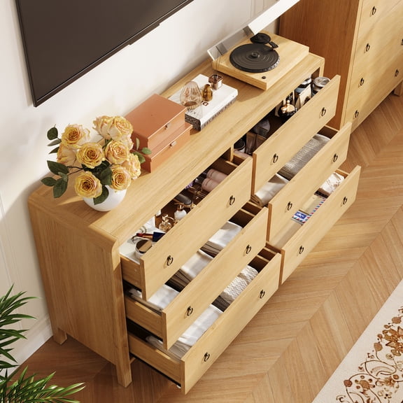 Modern Wide Dresser Cabinet – Spacious Multi-Drawer Storage Chest with Natural Wood Texture, Curved Corners, Ideal for Bedroom, Dining Room, or Living Room – Clothes Organizer