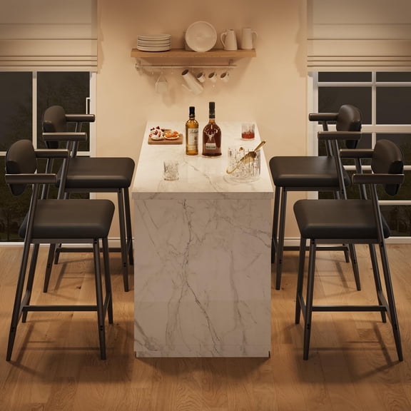 Modern Wide Seat Bar Stools with Arms & Back, Set of 4 – 26" Counter Height, Upholstered, Metal Footrest, Rustic Black – Easy Assembly for Kitchen Island or Bar – Black Faux Leather