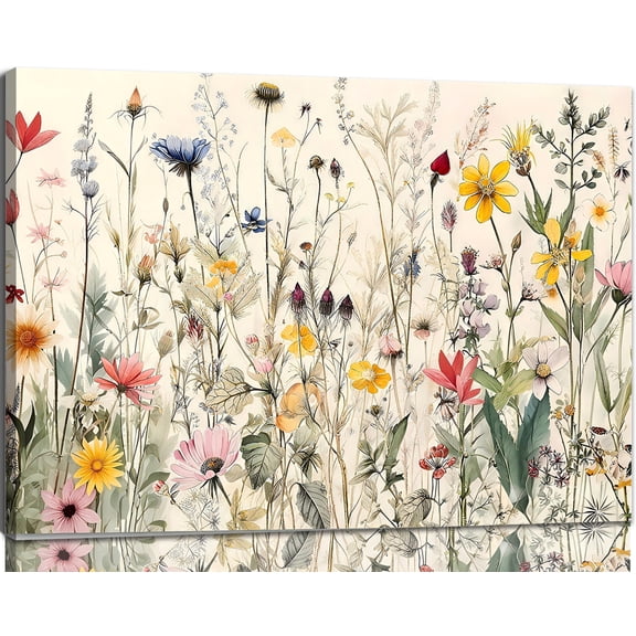 Modern Wildflower Meadow Canvas Wall Art, Minimalist Botanical Sketch Print, Framed Neutral Floral Illustration for Living Room, Bedroom & Entryway Decor 8*12inch(20*30cm)