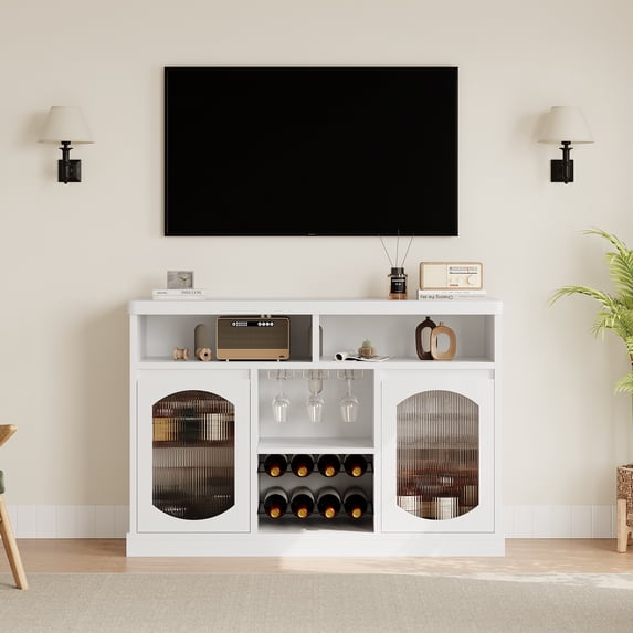 Modern Wine Bar Cabinet with LED Light, 47" Liquor Storage Cabinet with Wine Rack and Glass Hanger, White Buffet Storage Cabinet with Fluted Glass Doors for Kitchen Dining Living Room