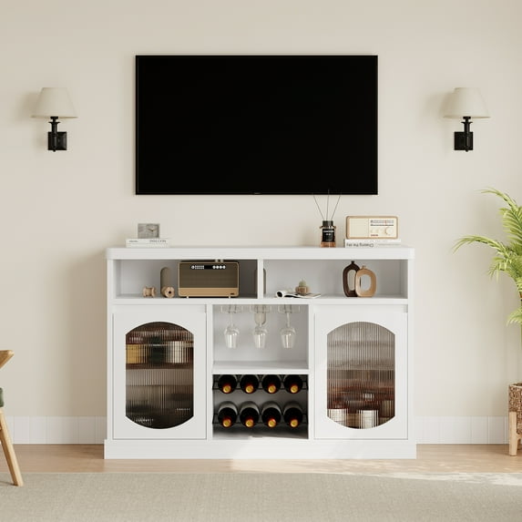 Modern Wine Bar Cabinet with LED Light, 47" Liquor Storage Cabinet with Wine Rack and Glass Hanger, White Buffet Storage Cabinet with Fluted Glass Doors for Kitchen Dining Living Room