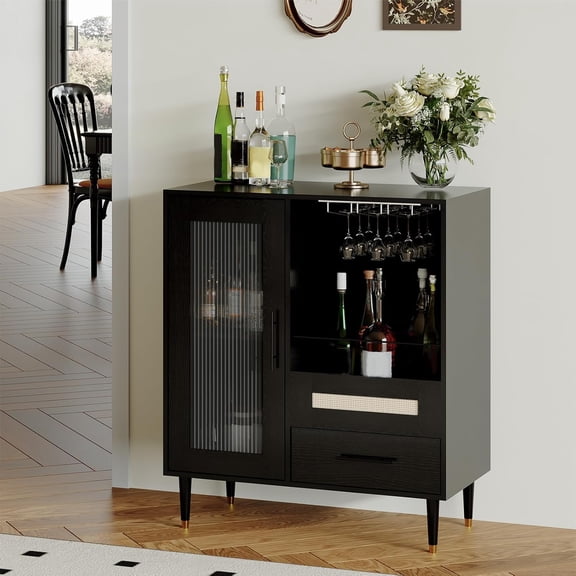 Modern Wine Bar Cabinet with Wine Glass Rack, Glass Door Display and Drawers, Coffee Bar & Liquor Cabinet with Storage, Buffet Sideboard Table for Home, Kitchen, Dining Room, Living Room