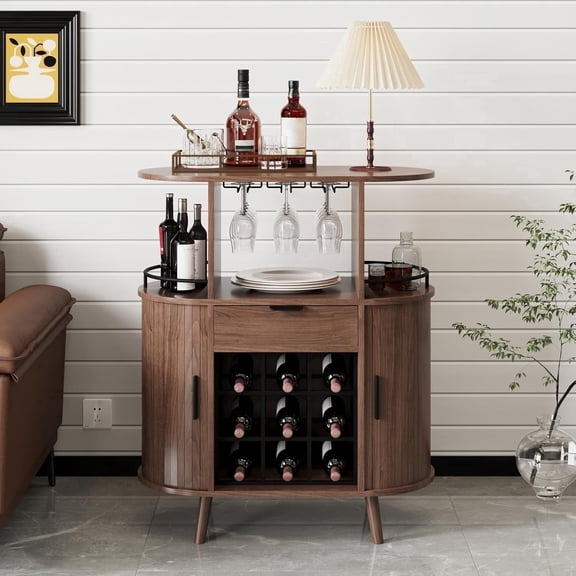 Pusnapku Modern Wine Bar Cabinet, Wood Oval Liquor Bar Cabinet with Wine Rack and Glass Holder, Sideboard with Drawer and Sliding Door,for Living Room