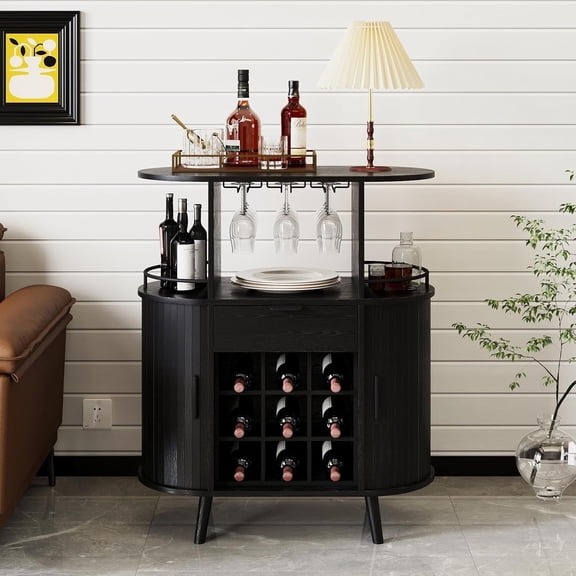 Pusnapku Modern Wine Bar Cabinet, Wood Oval Liquor Bar Cabinet with Wine Rack and Glass Holder, Sideboard with Drawer and Sliding Door,for Living Room