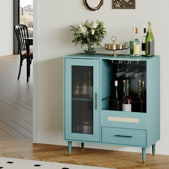 Modern Wine & Coffee Bar Cabinet with Storage, Tempered Glass Doors & Drawers, Liquor Sideboard for Kitchen, Dining & Living Room, Green