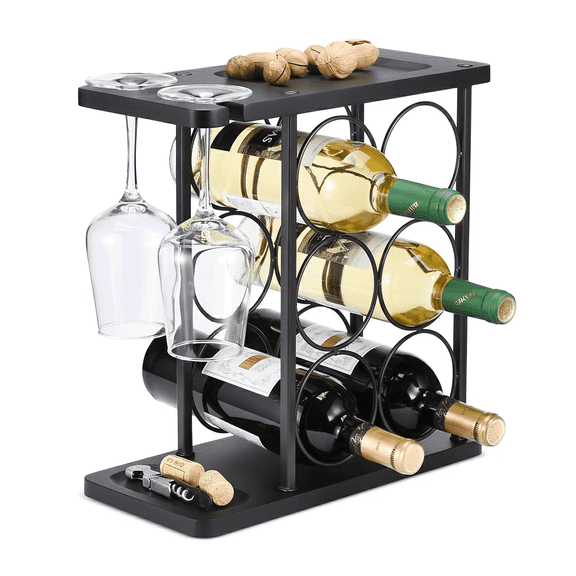 Modern Wine Rack Countertop, Matte Black 6 Bottle Wine Rack with Glass Holder, Metal Wine Holder Stand with Shelf & Corkscrew Tray for Home Bar & Kitchen