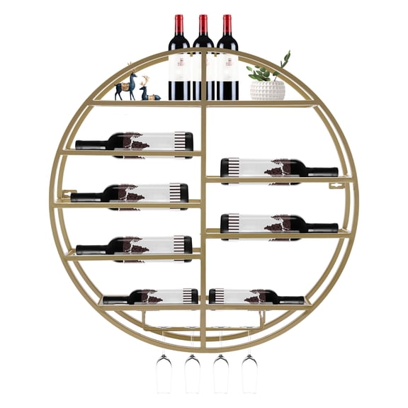 Modern Wine Rack Wall Mounted 7-Bottles Metal Wine Shelves with Glass Holder Gold
