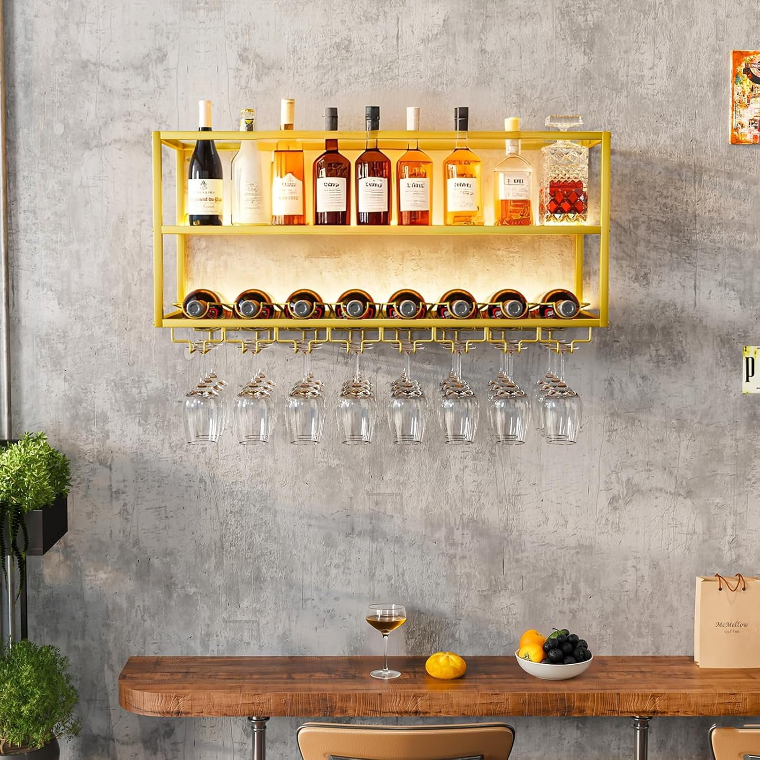 Modern Wine Rack Wall Mounted with Glass Holder,Metal Liquor Shelf ...