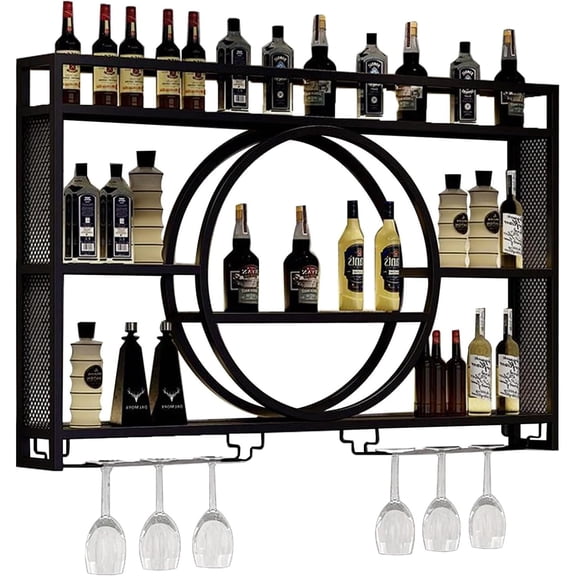 Modern Wine Storage Rack Wall Mounted With LED Light Glass Holder,Iron Bar Liquor Shelf,Floating Shelves,Bar Bottle Display Shelf For Kitchen Decoration Gold/Black ( Col