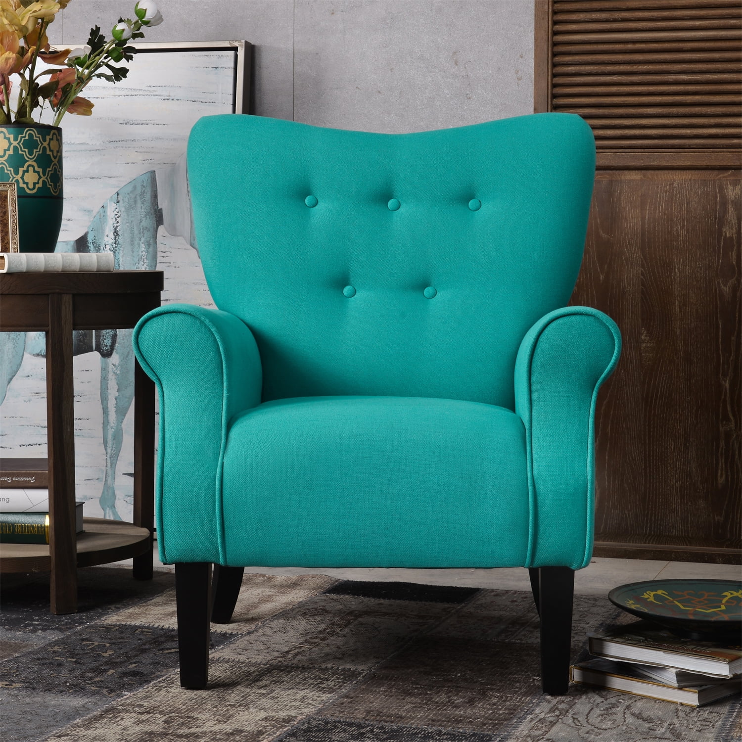 Modern Wing Back Accent Chair, Living Room Sofa Chair, Tufted Button Upholstered Armchair with