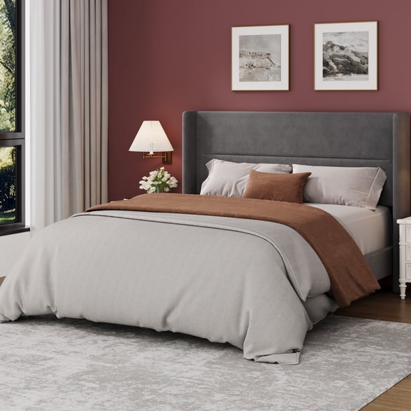 Modern Wingback Headboard Platform Bed Frame – Suede Upholstered, Sturdy Wooden Slats, No Box Spring Needed, Easy Assembly, Bedroom Furniture