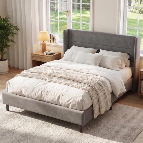 Modern Wingback Headboard Platform Bed Frame – Suede Upholstered, Sturdy Wooden Slats, No Box Spring Needed, Easy Assembly, Bedroom Furniture