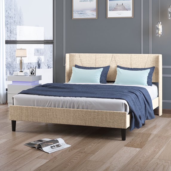 Modern Wingback King Size Upholstered Platform Bed Frame with Headboard,Wood Slat Support,No Box Spring Needed/Easy Assembly, Beige
