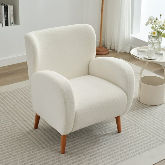 Modern Wingback Lounge Chair with Soft Fabric & Solid Wood Legs, Beige