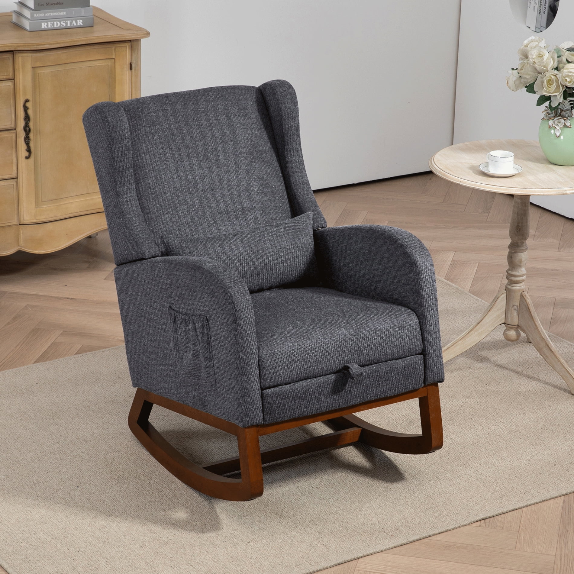 Modern Wingback Rocking Chair for Nursery & Living Room, Sturdy Wooden Glider with Retractable Footrest, Side Pocket, Comfortable High Back Design for Parenting and Relaxation, Charcoal
