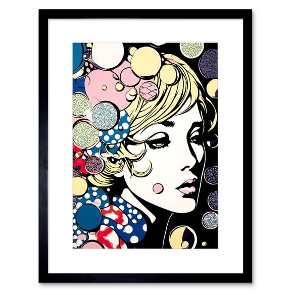 Modern Woman Blonde Portrait Pop Art Bubbles Patterns Colourful Comic Book Halftone Artwork Framed Wall Art Print 9X7 Inch