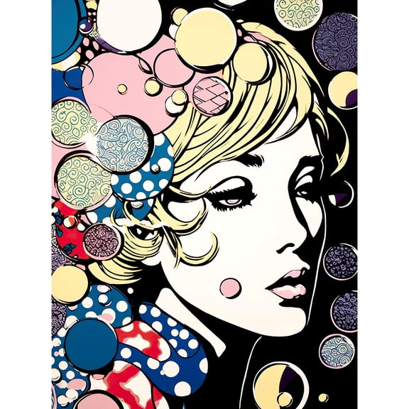 Modern Woman Blonde Portrait Pop Art Bubbles Patterns Colourful Comic Book Halftone Unframed Wall Art Print Poster Home Decor Premium