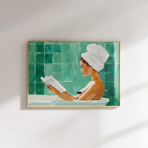 Modern Woman In Bath Reading Print, Green Bathroom Art, Self Care, Relaxing Tub Scene For Home Spa Wall Art, Modern Wall Decor, 8x12 UNFRAMED