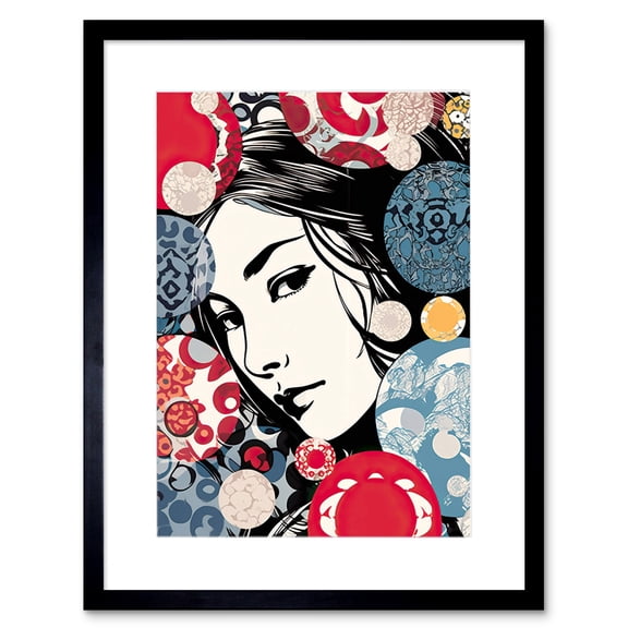 Modern Woman Portrait Bubbles and Patterns Colourful Blue Red Pop Art Halftone Artwork Framed Wall Art Print 9X7 Inch