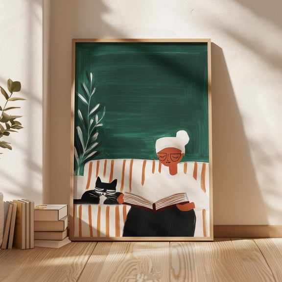 Modern Woman Reading With Black Cat Art Print, Cozy Green, Minimalist Striped Couch Relaxing Wall Art, Modern Wall Decor, 8x12 UNFRAMED
